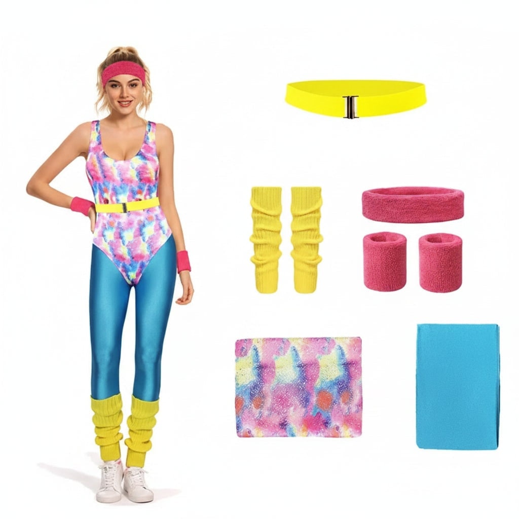Halloween-outfit voor meisjes in 80s-stijl voor kostuumfeesten: aerobics-workoutset met maillot, legging en beenwarmers