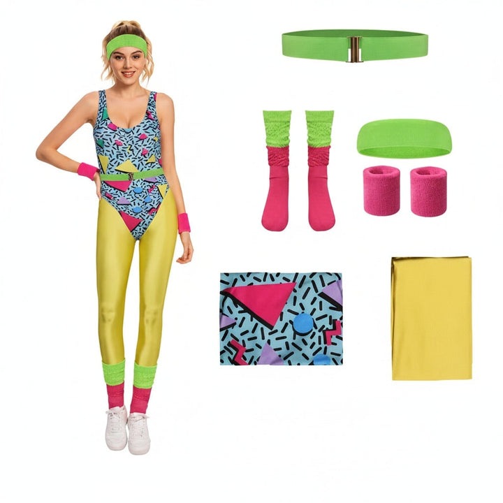 Halloween-outfit voor meisjes in 80s-stijl voor kostuumfeesten: aerobics-workoutset met maillot, legging en beenwarmers