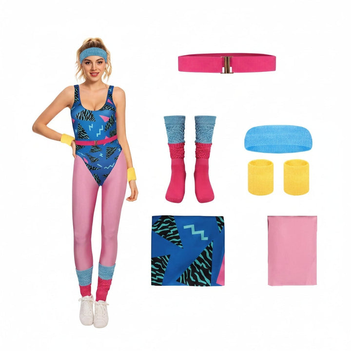 Halloween-outfit voor meisjes in 80s-stijl voor kostuumfeesten: aerobics-workoutset met maillot, legging en beenwarmers