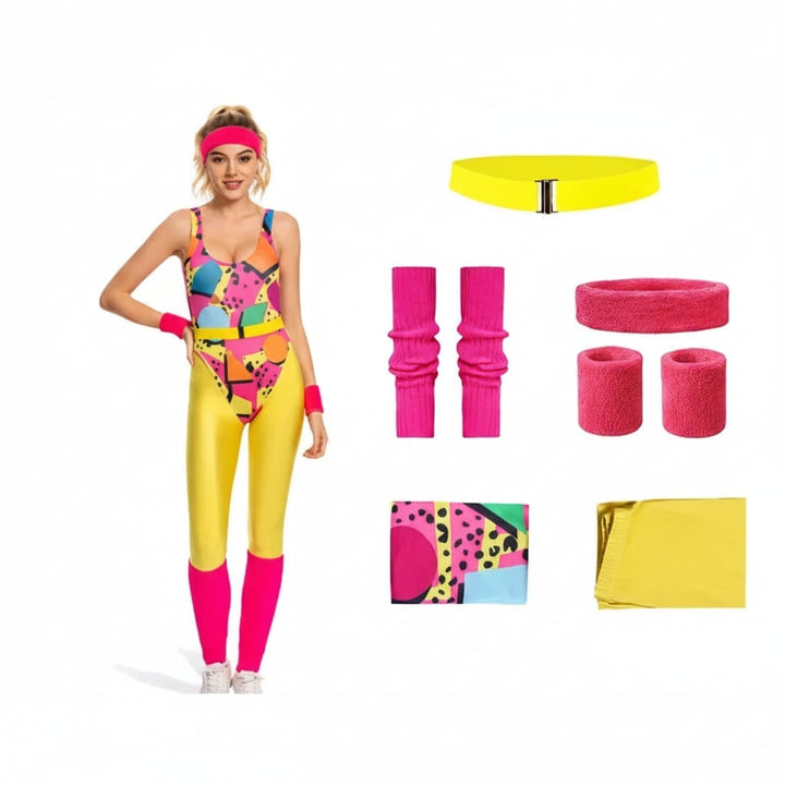 Halloween-outfit voor meisjes in 80s-stijl voor kostuumfeesten: aerobics-workoutset met maillot, legging en beenwarmers
