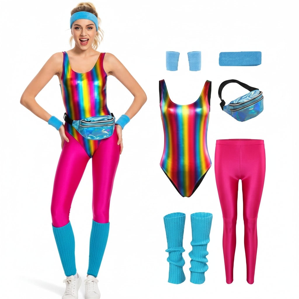 Halloween-outfit voor meisjes in 80s-stijl voor kostuumfeesten: aerobics-workoutset met maillot, legging en beenwarmers