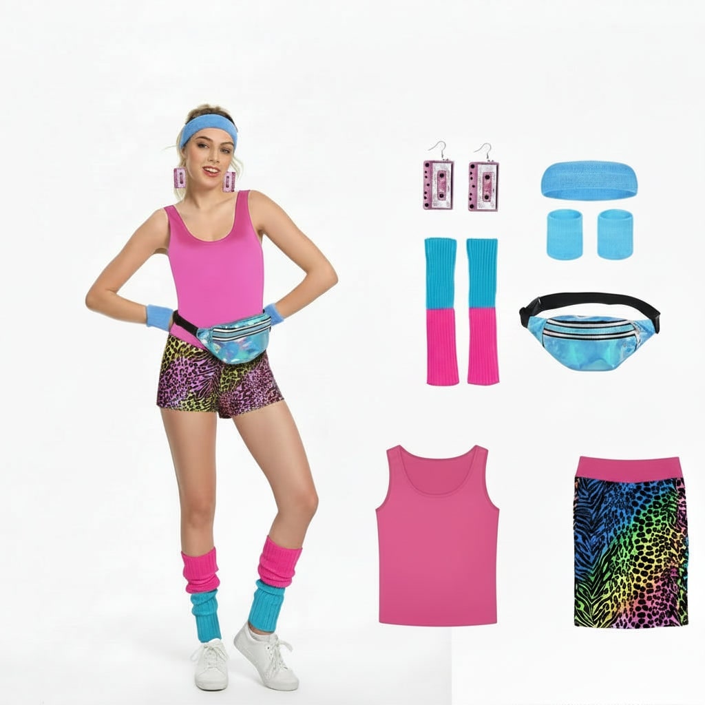 Halloween-outfit voor meisjes in 80s-stijl voor kostuumfeesten: aerobics-workoutset met maillot, legging en beenwarmers