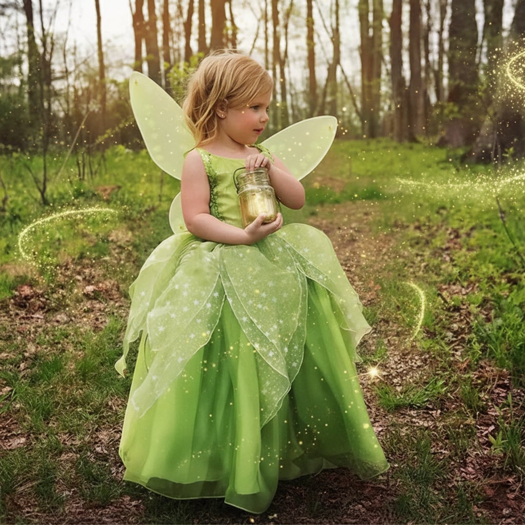 Halloween-feeënkostuum voor meisjes: jurk met vleugels, tiara, toverstaf en handschoenen als kinderoutfit voor feest en verkleden