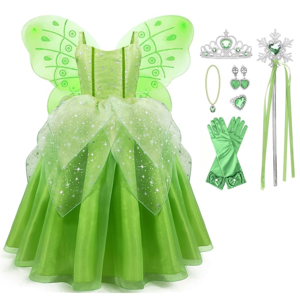 Halloween-feeënkostuum voor meisjes: jurk met vleugels, tiara, toverstaf en handschoenen als kinderoutfit voor feest en verkleden
