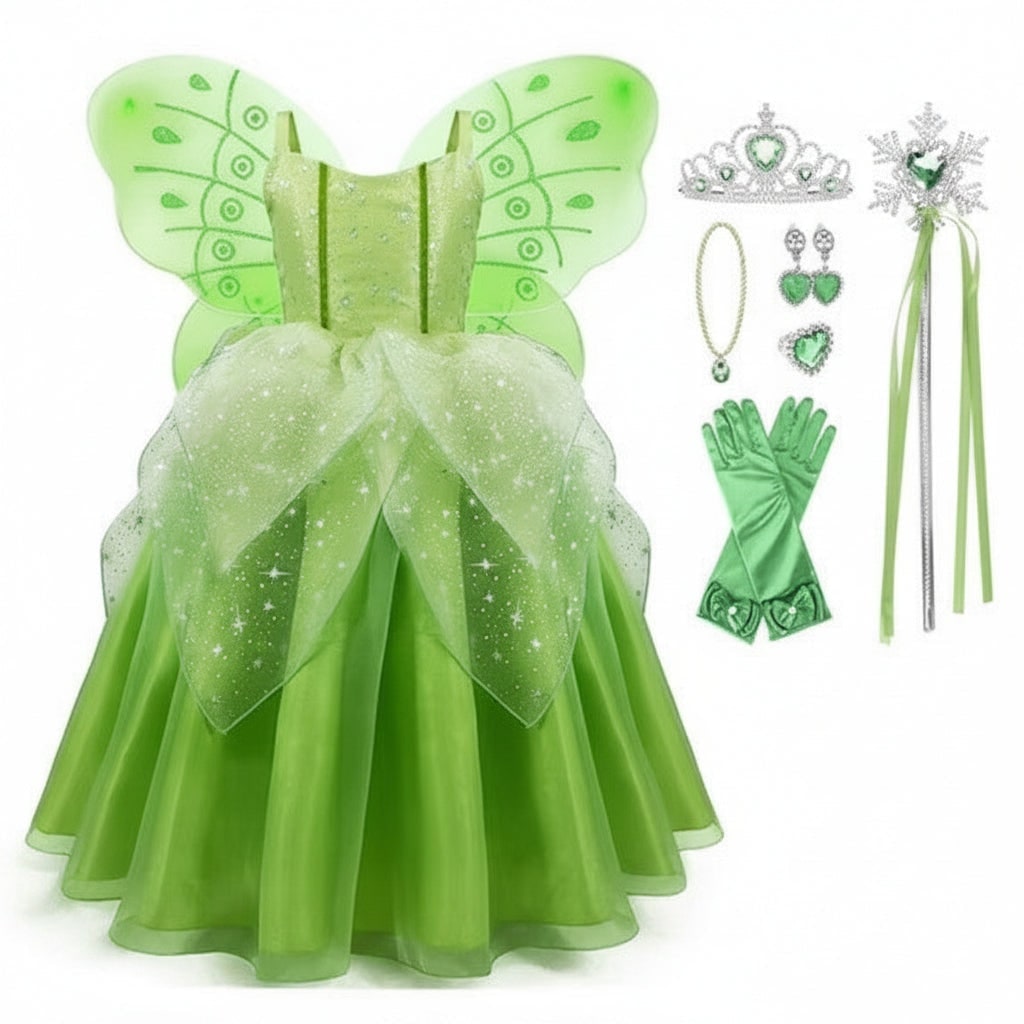 Halloween-feeënkostuum voor meisjes: jurk met vleugels, tiara, toverstaf en handschoenen als kinderoutfit voor feest en verkleden
