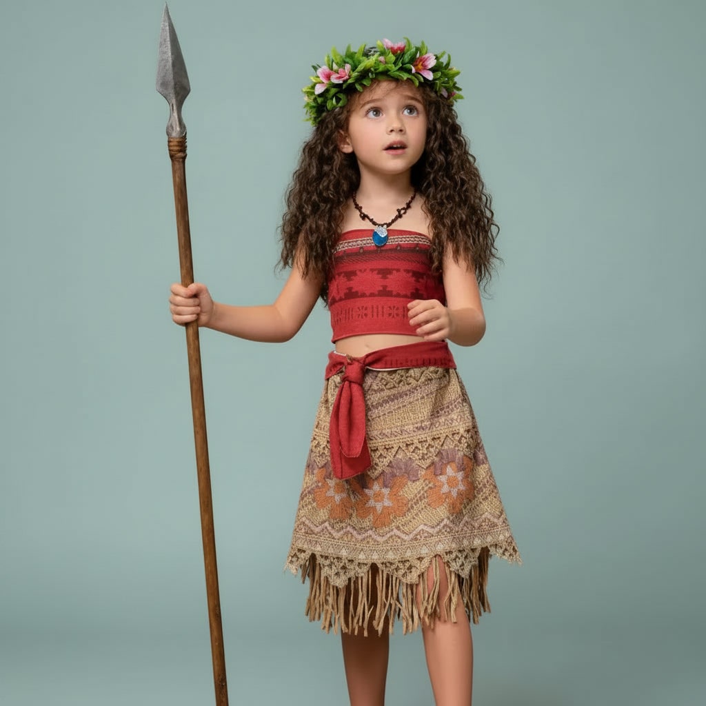 Halloween eilandprinses-kostuum voor meisjes, tweedelige set met pruik, bloemenkroon en franjerok
