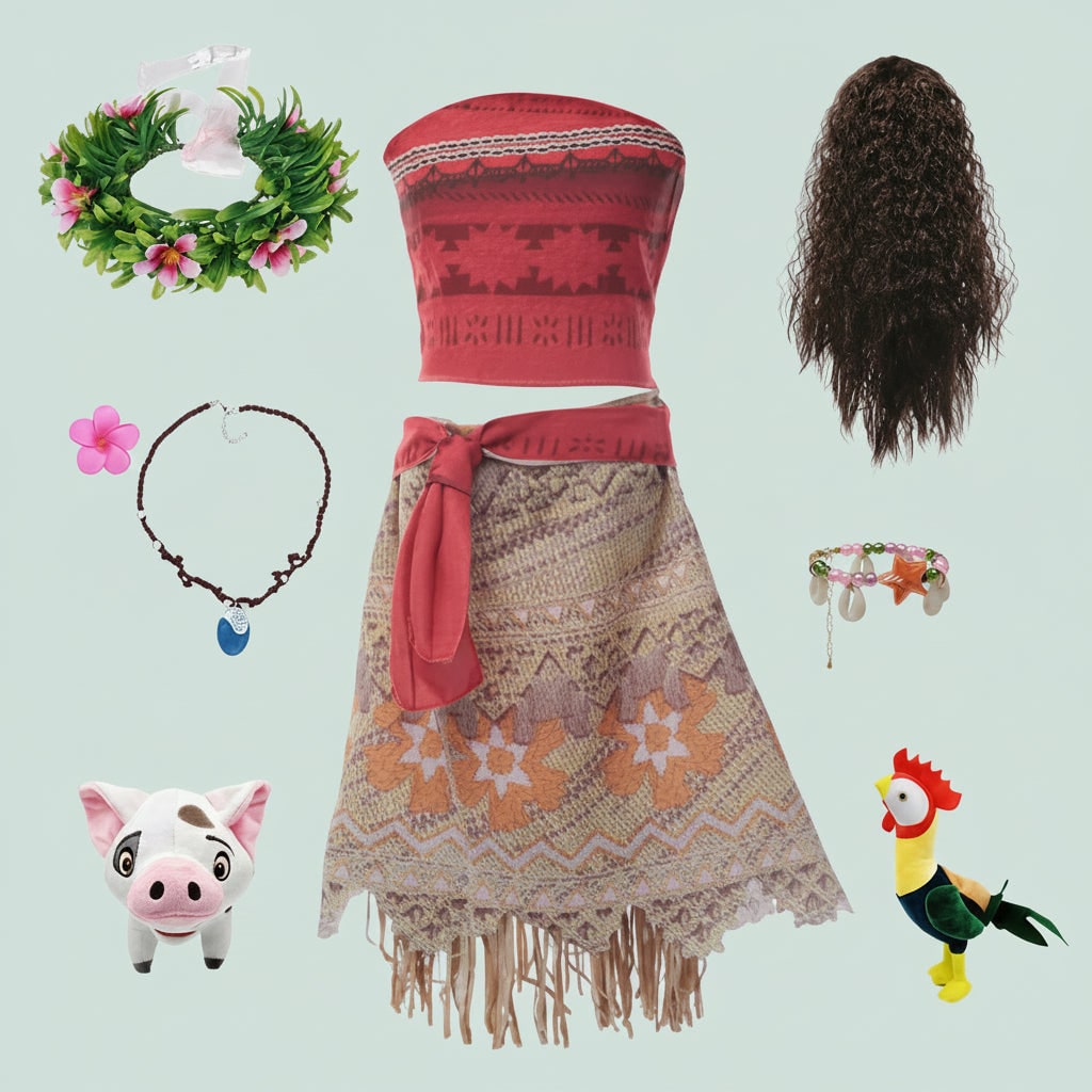 Halloween eilandprinses-kostuum voor meisjes, tweedelige set met pruik, bloemenkroon en franjerok
