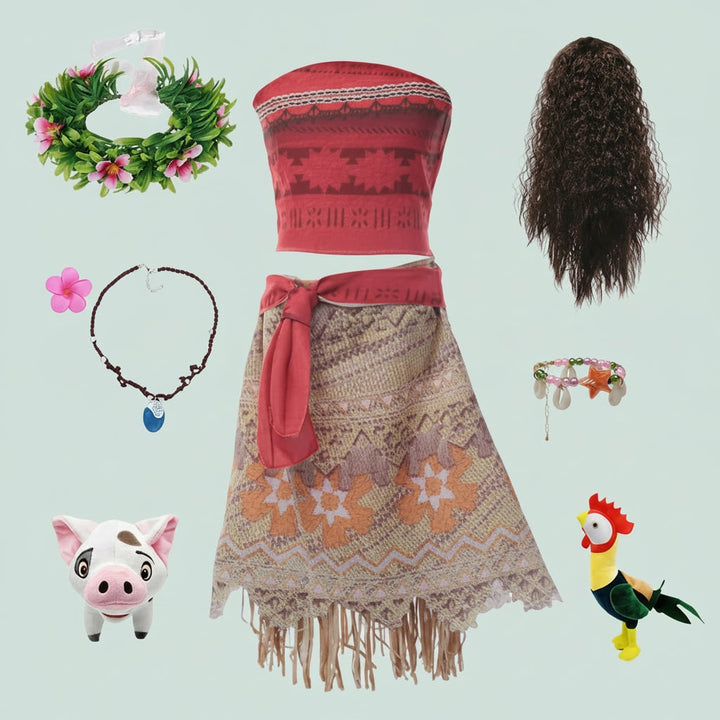 Halloween eilandprinses-kostuum voor meisjes, tweedelige set met pruik, bloemenkroon en franjerok