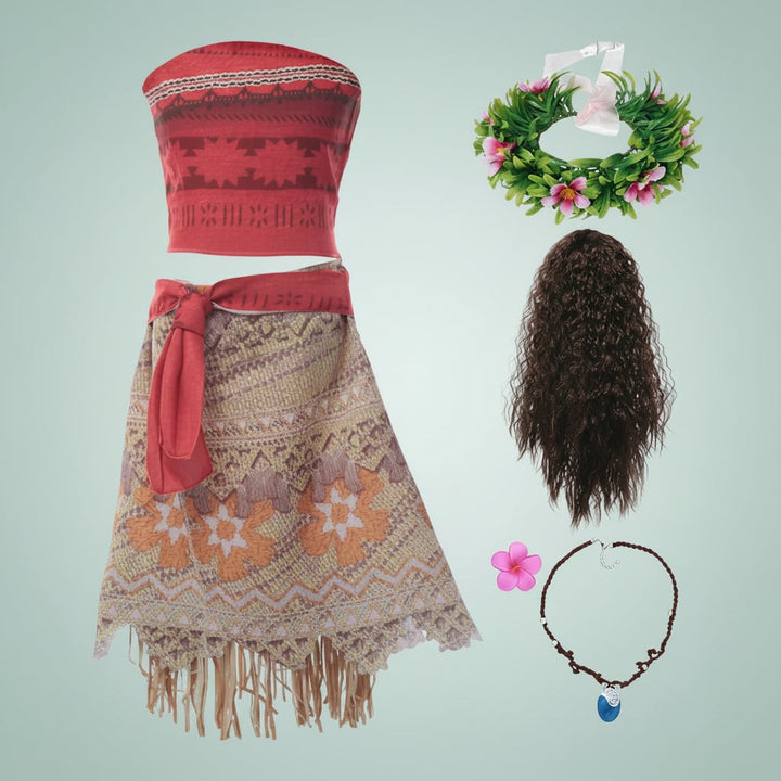 Halloween eilandprinses-kostuum voor meisjes, tweedelige set met pruik, bloemenkroon en franjerok