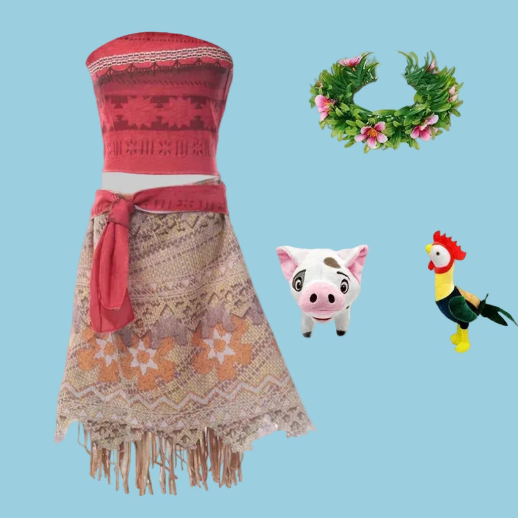Halloween eilandprinses-kostuum voor meisjes, tweedelige set met pruik, bloemenkroon en franjerok