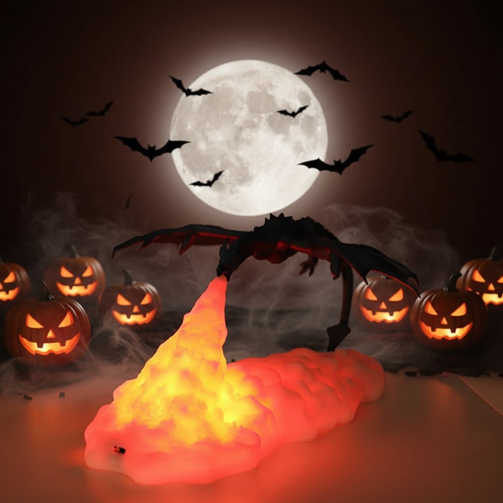 Halloween 3D-geprinte draak nachtlampje met USB-oplaadbare led-vuurgloed