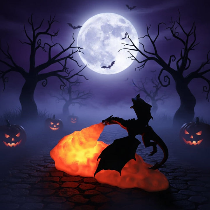 Halloween 3D-geprinte draak nachtlampje met USB-oplaadbare led-vuurgloed