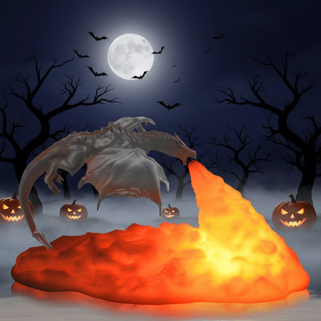 Halloween 3D-geprinte draak nachtlampje met USB-oplaadbare led-vuurgloed