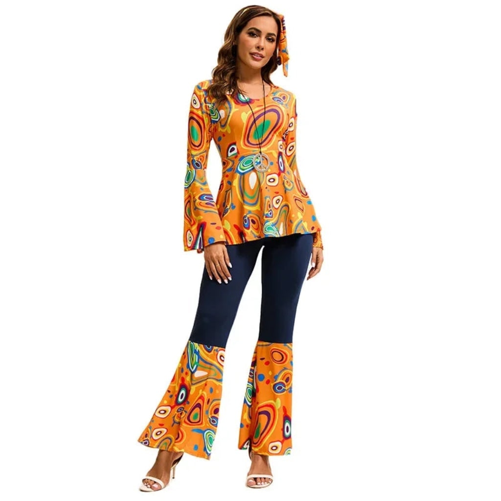 Halloween 70s-kostuum hippieset met uitlopende broek, hoofdband en psychedelische print