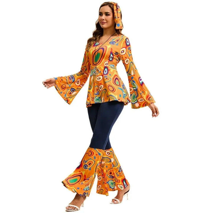 Halloween 70s-kostuum hippieset met uitlopende broek, hoofdband en psychedelische print