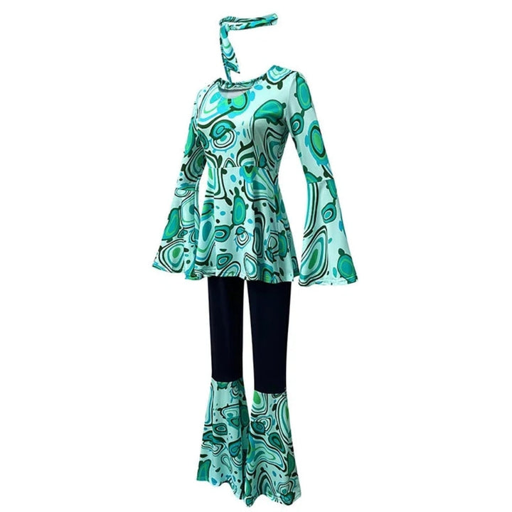 Halloween 70s-kostuum hippieset met uitlopende broek, hoofdband en psychedelische print