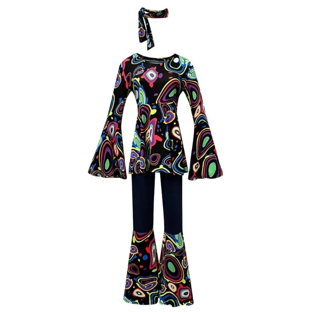 Halloween 70s-kostuum hippieset met uitlopende broek, hoofdband en psychedelische print