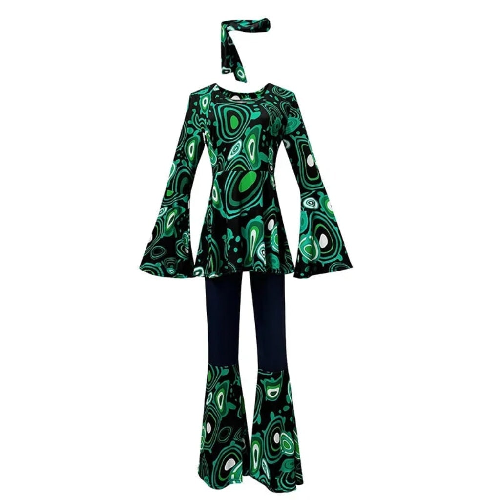 Halloween 70s-kostuum hippieset met uitlopende broek, hoofdband en psychedelische print