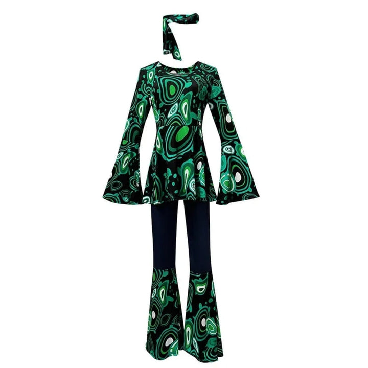 Halloween 70s-kostuum hippieset met uitlopende broek, hoofdband en psychedelische print