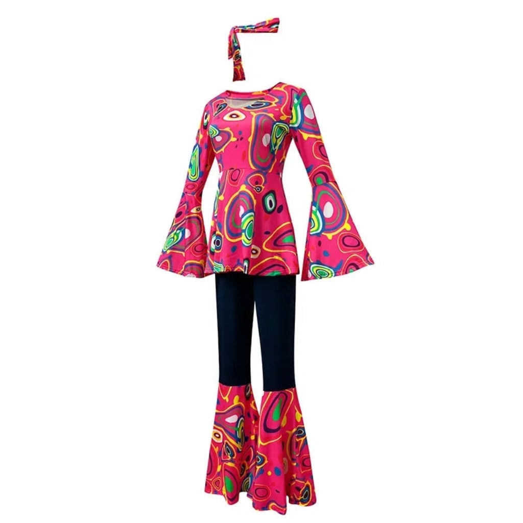 Halloween 70s-kostuum hippieset met uitlopende broek, hoofdband en psychedelische print
