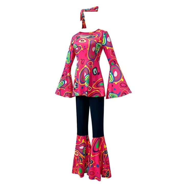 Halloween 70s-kostuum hippieset met uitlopende broek, hoofdband en psychedelische print