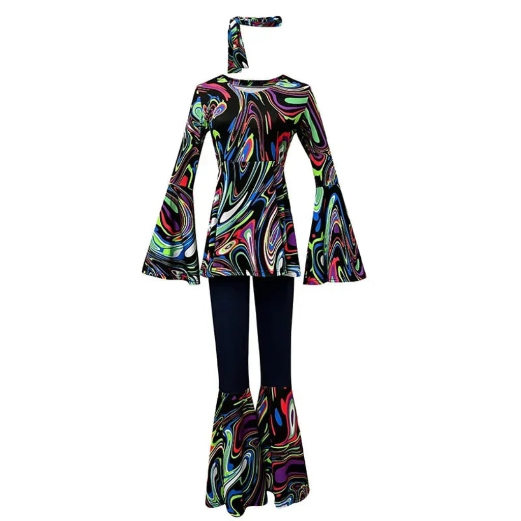 Halloween 70s-kostuum hippieset met uitlopende broek, hoofdband en psychedelische print