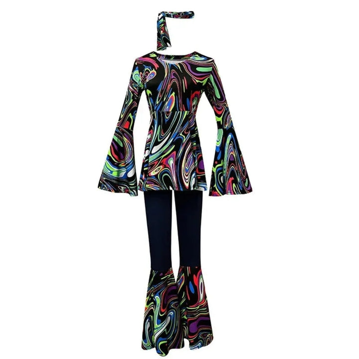 Halloween 70s-kostuum hippieset met uitlopende broek, hoofdband en psychedelische print