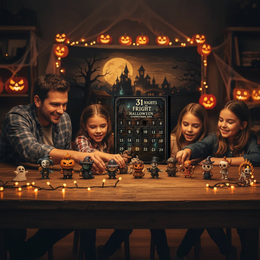 Halloween adventskalender aftelling met speelgoedfiguurtjes voor gezinsdecoratie