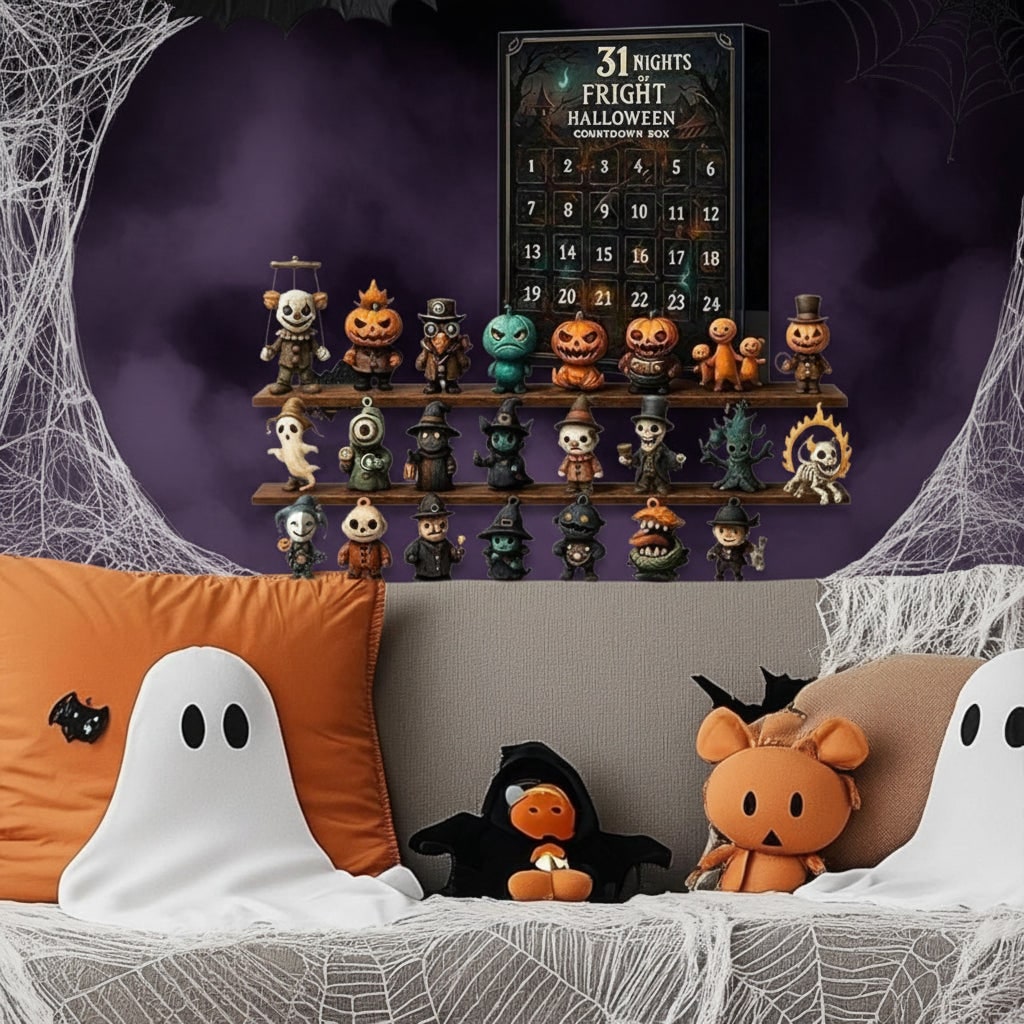 Halloween adventskalender aftelling met speelgoedfiguurtjes voor gezinsdecoratie