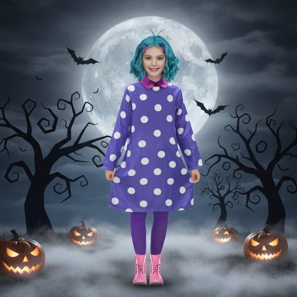 Halloween-cosplaykostuum personage-jurk met stippenpatroon en ronde kraag