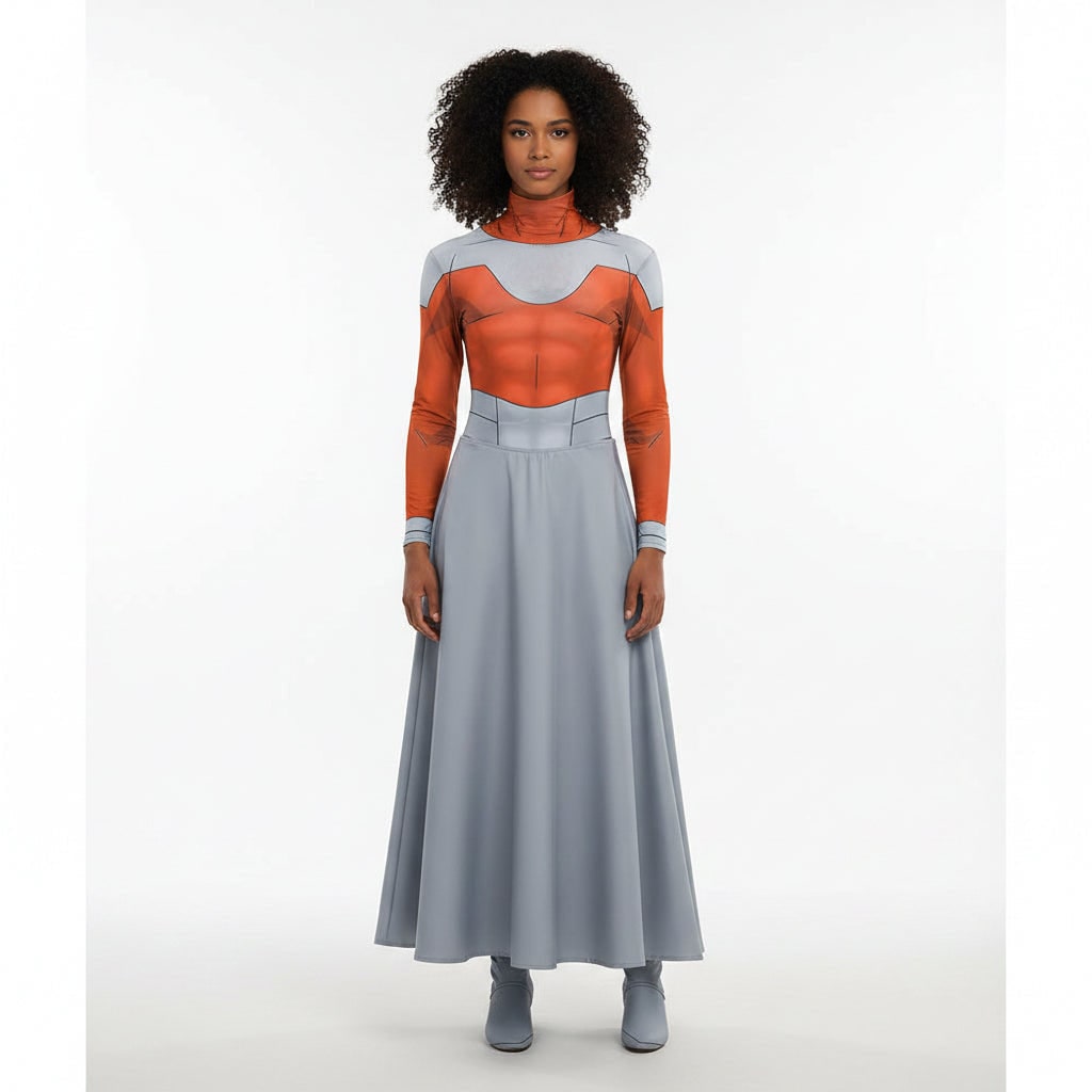 Halloween-cosplaykostuumset met sciencefiction-rok met harnasprint en cape