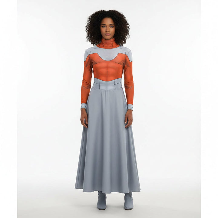 Halloween-cosplaykostuumset met sciencefiction-rok met harnasprint en cape