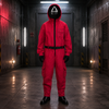 Halloweenkostuum rode jumpsuit met capuchon en riem voor cosplayfeestjes en verkleden