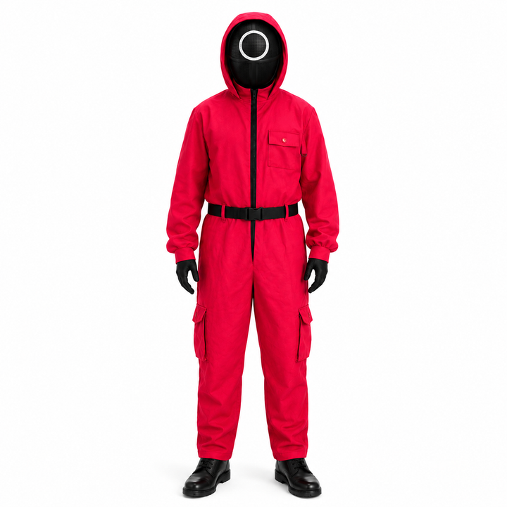 Halloweenkostuum rode jumpsuit met capuchon en riem voor cosplayfeestjes en verkleden