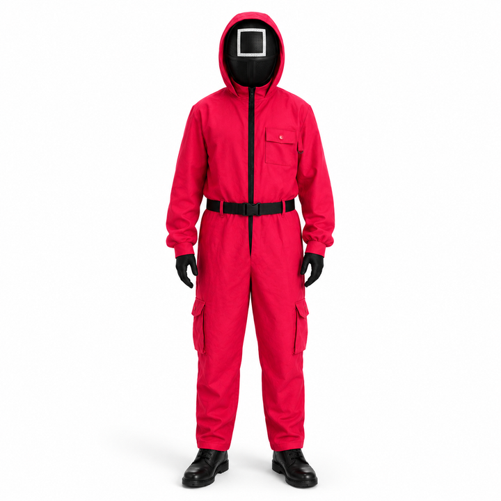 Halloweenkostuum rode jumpsuit met capuchon en riem voor cosplayfeestjes en verkleden