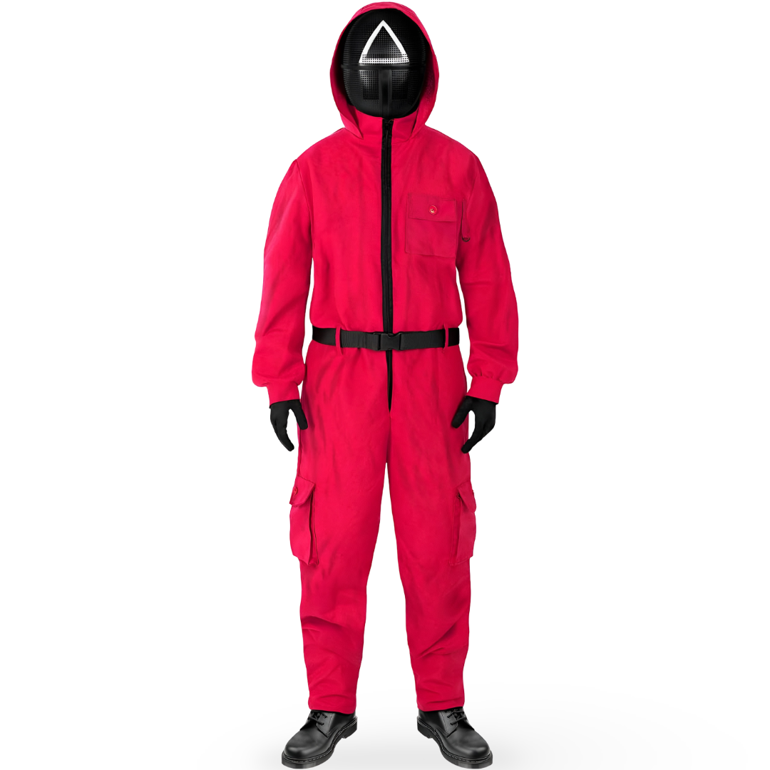 Halloweenkostuum rode jumpsuit met capuchon en riem voor cosplayfeestjes en verkleden