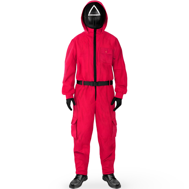 Halloweenkostuum rode jumpsuit met capuchon en riem voor cosplayfeestjes en verkleden