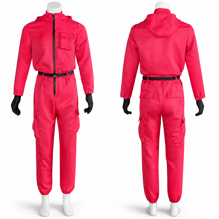 Halloweenkostuum rode jumpsuit met capuchon en riem voor cosplayfeestjes en verkleden