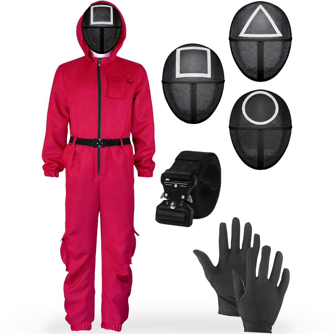 Halloweenkostuum rode jumpsuit met capuchon en riem voor cosplayfeestjes en verkleden