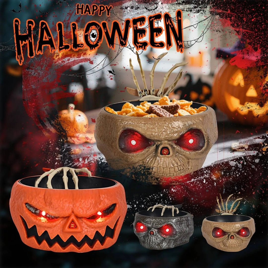 Halloween-decoratie geanimeerde snoepschaal met bewegingssensor, led-ogen en skeletthand voor feest