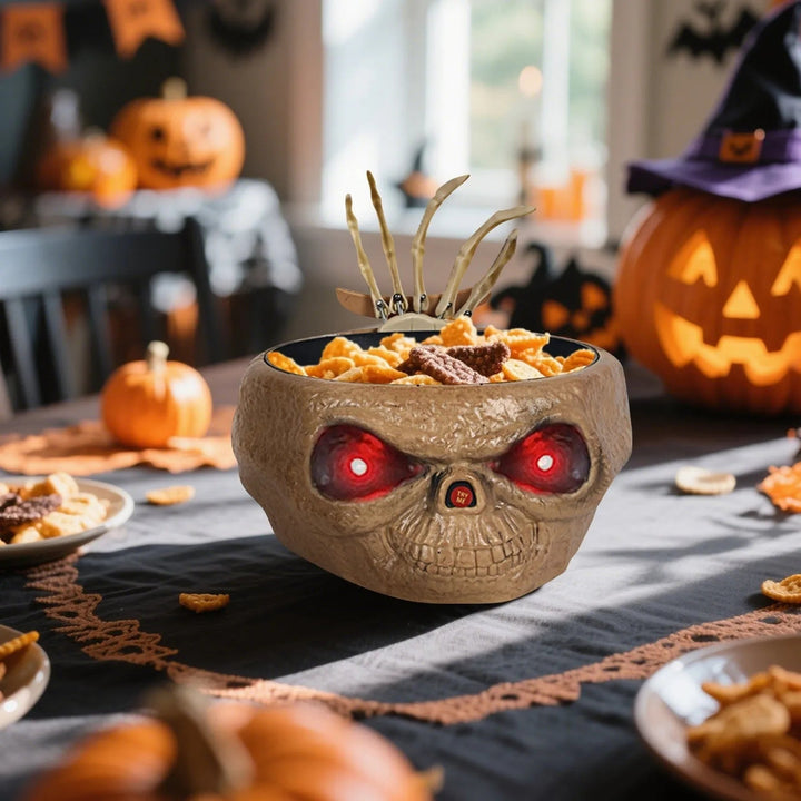 Halloween-decoratie geanimeerde snoepschaal met bewegingssensor, led-ogen en skeletthand voor feest