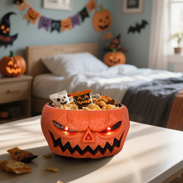 Halloween-decoratie geanimeerde snoepschaal met bewegingssensor, led-ogen en skeletthand voor feest