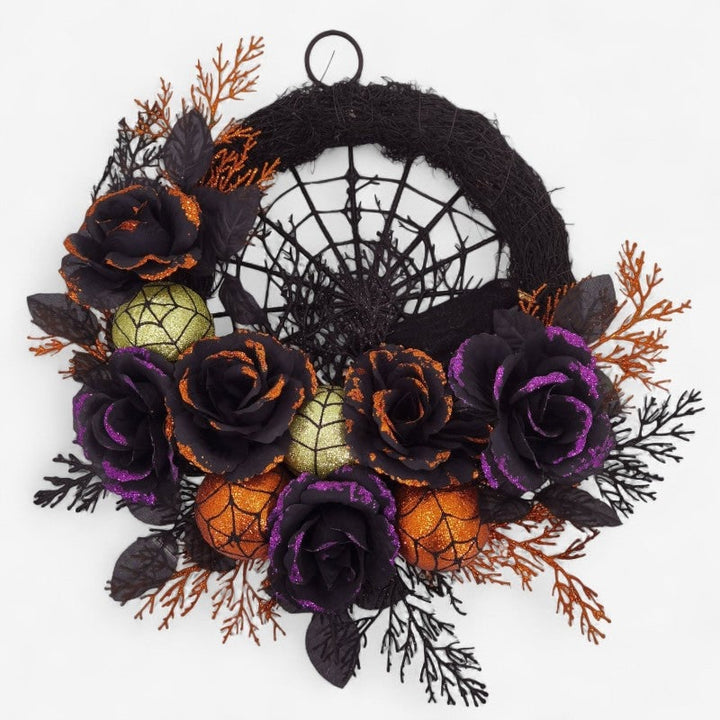 Halloween deurkrans met zwarte rozen, spinnenweb en glitterornamenten voor decoratie binnenshuis