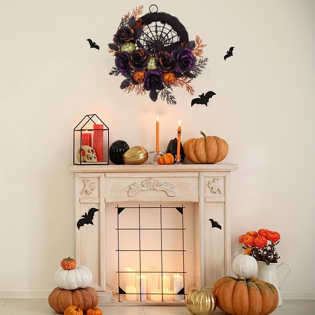 Halloween deurkrans met zwarte rozen, spinnenweb en glitterornamenten voor decoratie binnenshuis