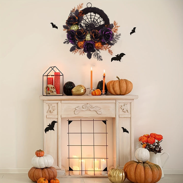 Halloween deurkrans met zwarte rozen, spinnenweb en glitterornamenten voor decoratie binnenshuis