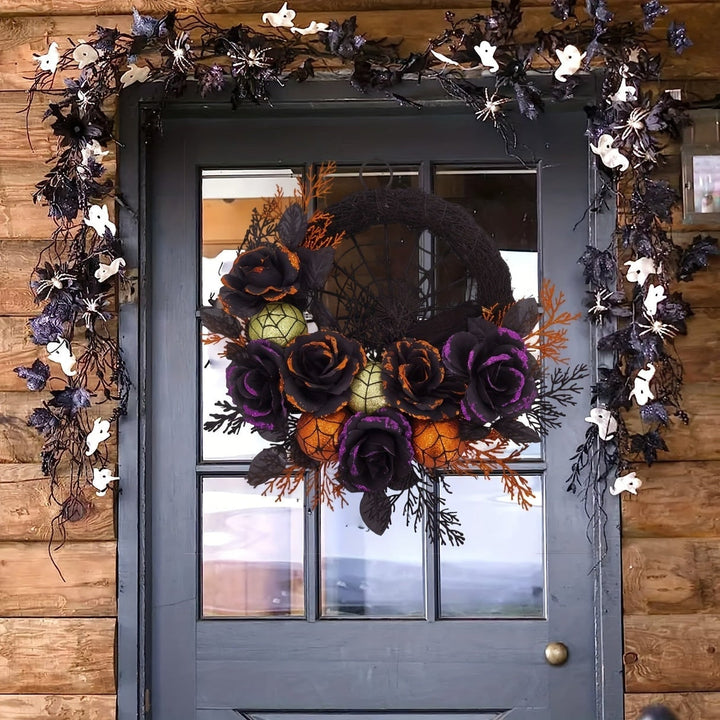 Halloween deurkrans met zwarte rozen, spinnenweb en glitterornamenten voor decoratie binnenshuis
