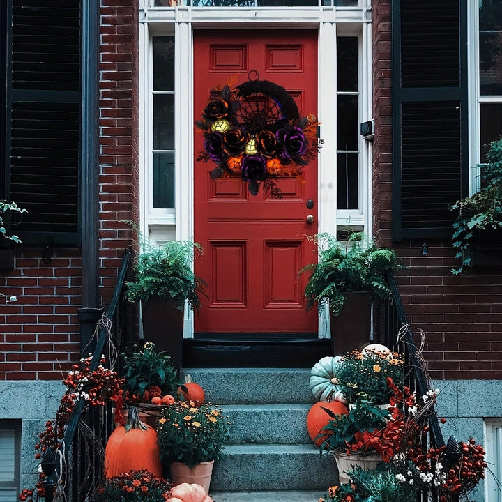 Halloween deurkrans met zwarte rozen, spinnenweb en glitterornamenten voor decoratie binnenshuis