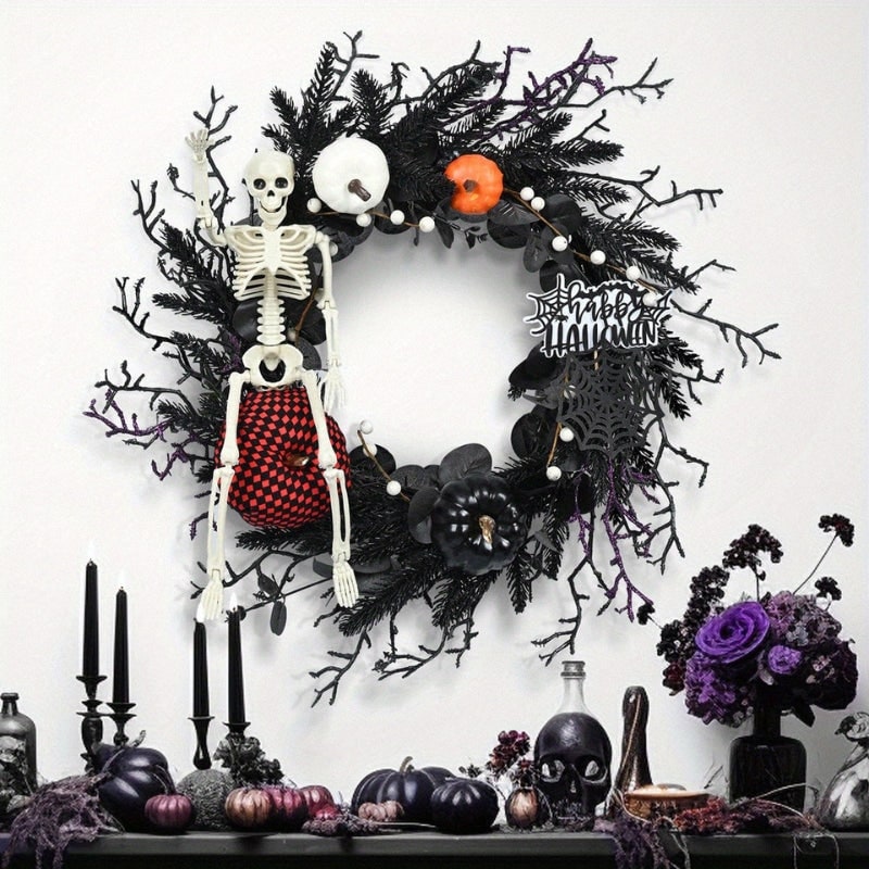 Halloween deurkrans met jack-o'-lantern-pompoenen en skelet voor feestdecoratie