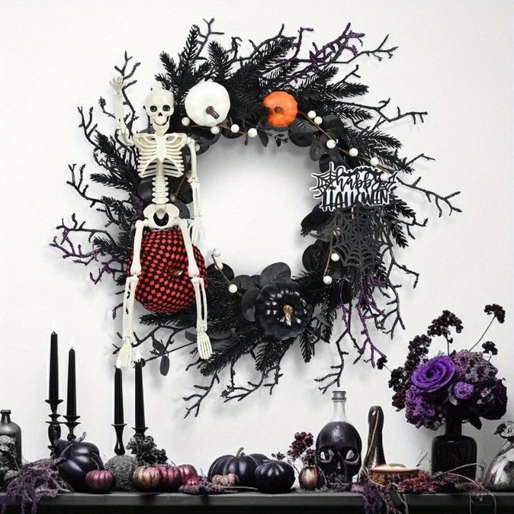 Halloween deurkrans met jack-o'-lantern-pompoenen en skelet voor feestdecoratie