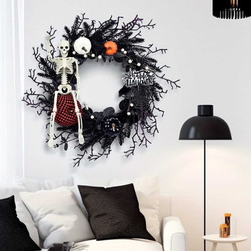 Halloween deurkrans met jack-o'-lantern-pompoenen en skelet voor feestdecoratie